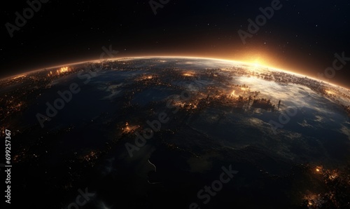 Beautiful blue planet earth with lights of night cities © grigoryepremyan