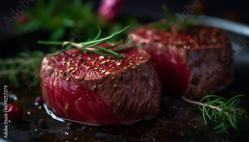 Grilled beef fillet, juicy and tender, ready to eat on wooden plate generated by AI
