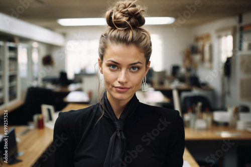 Generative AI image of a confident businesswoman in an office photo