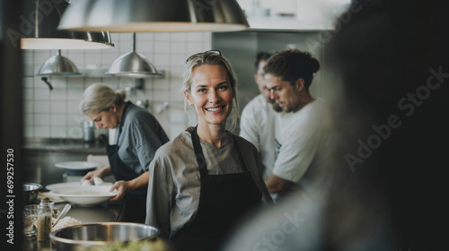 Confident female chef in a busy restaurant kitchen. Generative AI image photo