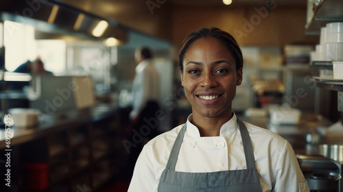 Confident black female chef smiling in commercial kitchen. Generative AI image