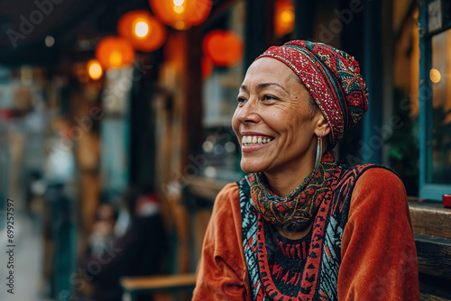Generative AI image of a joyful senior lady in a cafe photo