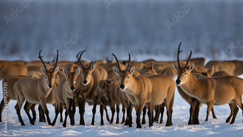 Icy Gathering: Antelope Herd in a Frozen Landscape, Ai generative