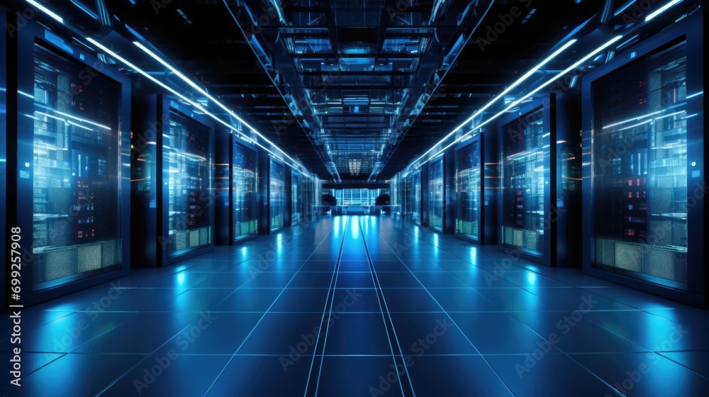 Shot of Data Center With Multiple Rows of Fully Operational Server Racks. Modern