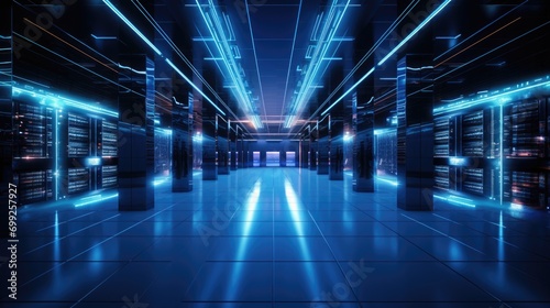 Shot of Data Center With Multiple Rows of Fully Operational Server Racks. Modern
