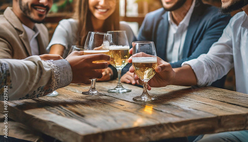 Friends having a great time in bar. Group of young people chatting and having a drink at the bar