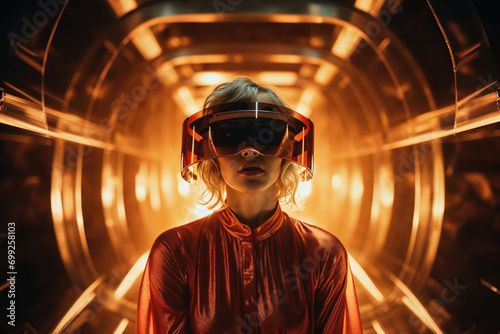 Generative AI image of futuristic woman with visor in tunnel photo