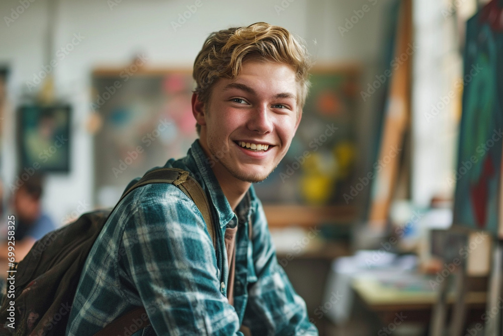 Obraz premium portrait of young student man smiling at camera during class in art school indoors
