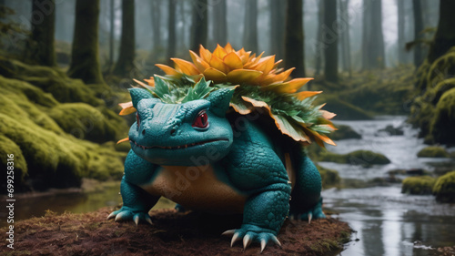 a realistic venusaur animal among the trees  forest lake  moss  cold weather  dark teal and amber  Sony A7 IV