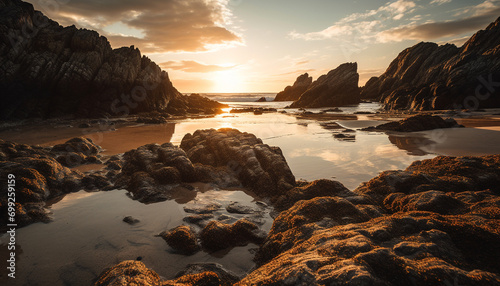 Sunset over the tranquil coastline, nature majestic beauty generated by AI