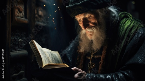 old man reading in a dark castle in medieval robes