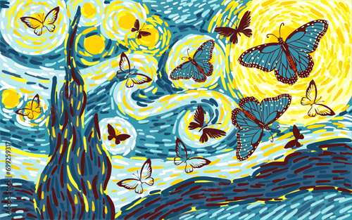 Glowing moon on a blue sky abstract background with butterflies. hand drawing. Not AI. vector pattern in the style of impressionist paintings.