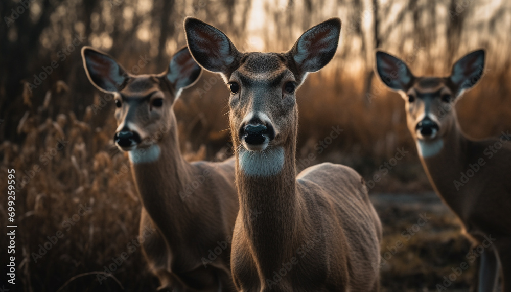 Naklejka premium Cute doe looking at camera in forest, surrounded by nature generated by AI