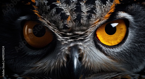 Big yellow eyes of a owl close-up. Great owl eyes looking at camera. © grigoryepremyan