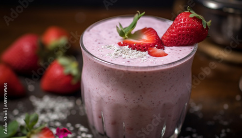 Fresh strawberry milkshake, a healthy and refreshing summer dessert generated by AI