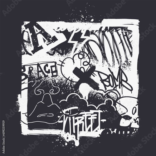 Abstract graffiti texture in black and white color. Monochrome graffiti background with tags, pieces, paint splashes and scribbles. Vector illustration