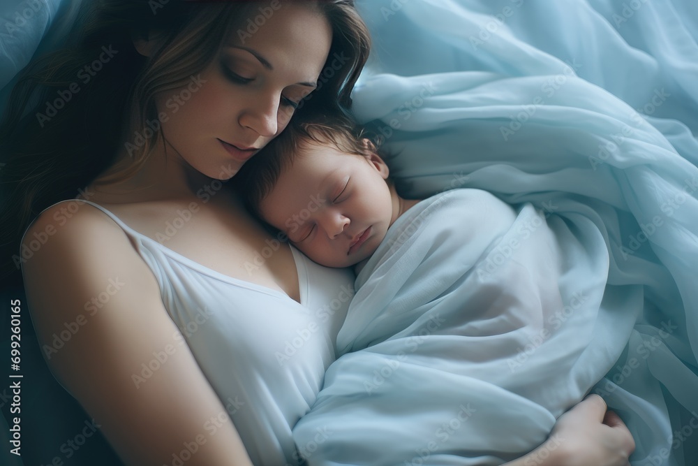 A young mom holds her newborn baby in her arms and sleep. Happy motherhood. A mother's love. Birth of a child. breastfeeding A young mom holds her newborn baby in her arms and sleep. Happy motherhood. A mother's love. Birth of a child. breastfeeding