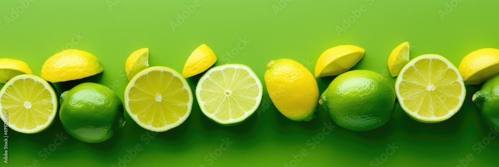 Green lime with cut in half and slices Green lime with cut in half and slices