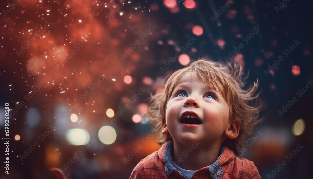 A cute, cheerful boy smiling in the winter night outdoors generated by AI