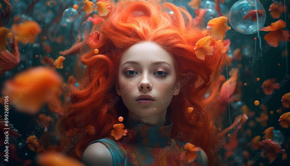 custom made wallpaper toronto digitalA beautiful redhead woman smiling underwater, looking at the camera generated by AI