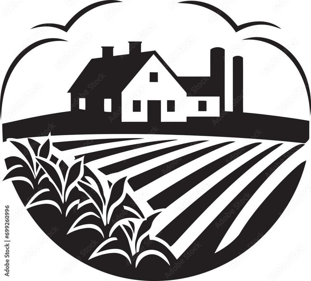 Rural Radiance Black Emblem Design Farmstead Vista Vector Farmhouse Logo