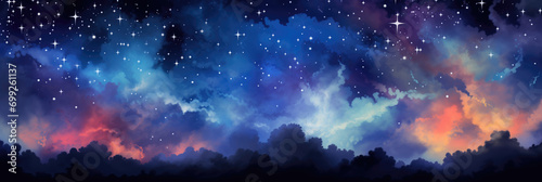 Colourful night sky background with stars and clouds. Horizontal banner.