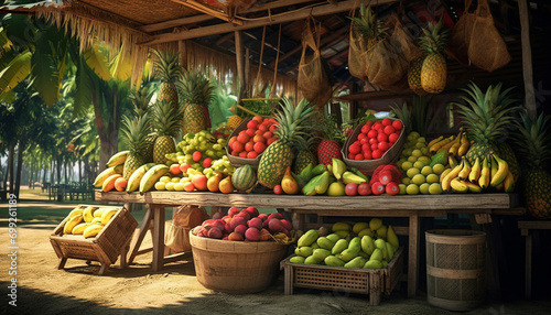 Freshness of organic fruits in a wooden basket, nature healthy bounty generated by AI