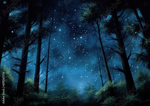  stars in the night sky showing through pine trees © grigoryepremyan