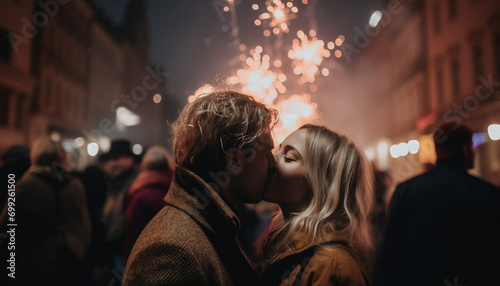 Young couple embracing, smiling, enjoying winter night, love and happiness generated by AI