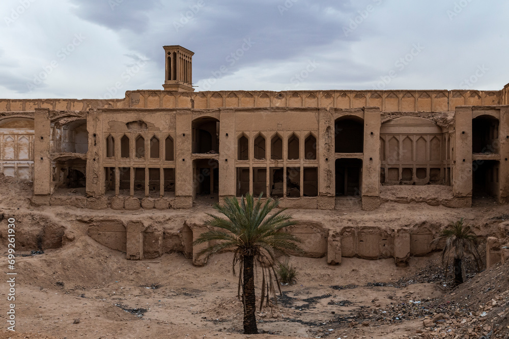 Abandoned ancient mudbrick mansion in an Iranian desert side city, with the windcatcher and two palm trees still living on  