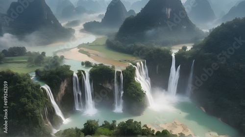 Royalty high quality image aerial view of “ Ban Gioc “ waterfall, Cao Bang, Vietnam. “ Ban Gioc “ . Aerial view photo