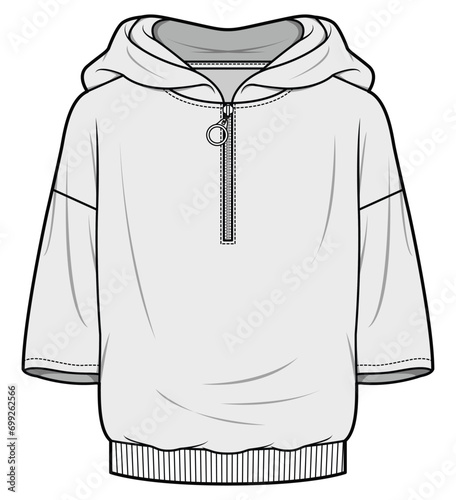 Drop Shoulder Oversized Short Sleeve Hoodie Fashion Flat Sketch Vector Illustration, CAD, Technical Drawing, Flat Drawing, Template, Mockup.