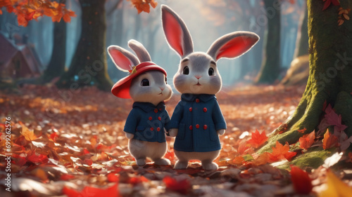 A pair of cute little bunnies wear a long coat, a red hat, a bag, pixar style, personification, sleeping in the garden, fallen leaves, autumn scenery, forest, 4k, popular on artstation, gorgeous, supe