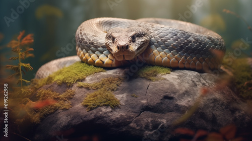 A coiled snake lay on a rock staring straight