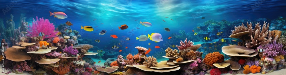 a coral reef underwater with corals and fishes - obrazy, fototapety, plakaty 