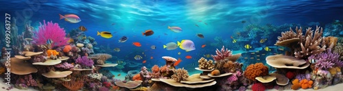 a coral reef underwater with corals and fishes photo