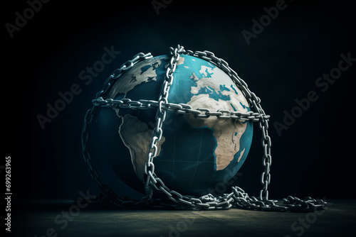 Photo A globe wrapped in chains, themes of global restriction and environmental captiv