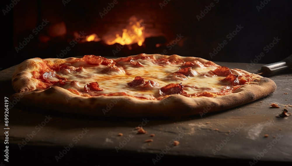 Freshly baked pizza on wooden table, a slice of Italian goodness generated by AI