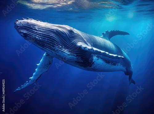 the whale swimming in the ocean on a background that is blue stock 