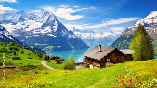 Wooden house next to the lake in Switzerland, Europe. Idyllic landscape in the Alps with blue lake and green meadows in spring.