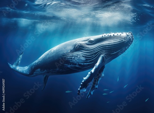 the whale swimming in the ocean on a background that is blue stock 