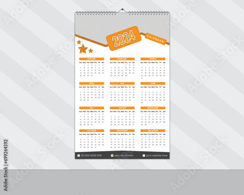 Modern Abstract 2024  New Year Wall Calendar Design and Daily Planner Template