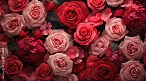 Close-up of different spring flowers with rose in focus. © grigoryepremyan