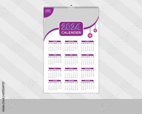 Modern Abstract 2024  New Year Wall Calendar Design and Daily Planner Template