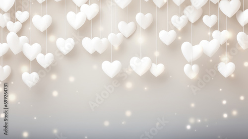 Valentine's day background with white hearts hanging and bokeh lights. photo
