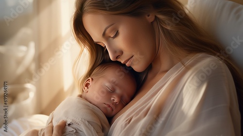 A young mom holds her newborn baby in her arms and sleep. Happy motherhood. A mother's love. Birth of a child. breastfeeding