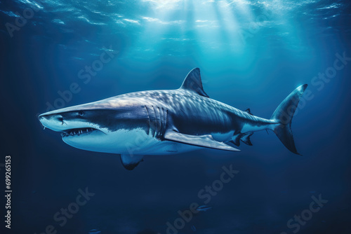 big shark swimming in deep blue waters