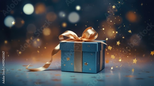 gift box with gold ribbon, in front of blurred background