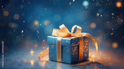 gift box with gold ribbon, in front of blurred background © grigoryepremyan
