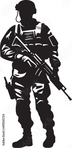 Strategic Vigilance Vector Black Armyman Icon Militant Precision Armed Forces Emblem Design © BABBAN
